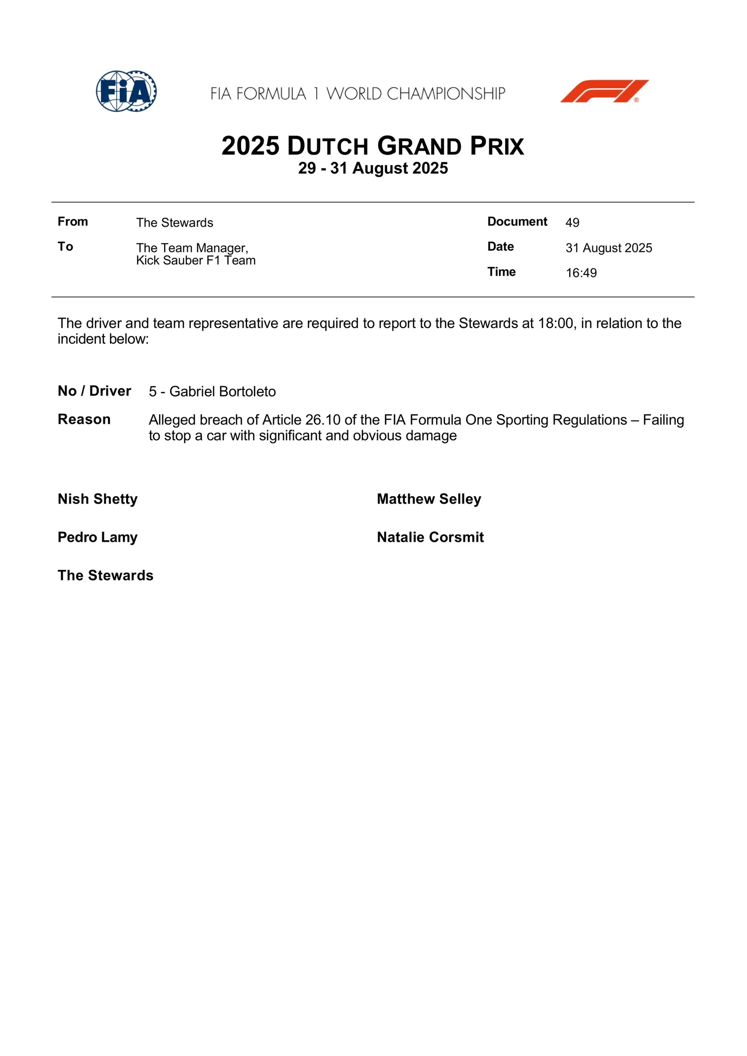 FIA roept meerdere coureurs ter verantwoording: uitslag Dutch GP mogelijk de schop