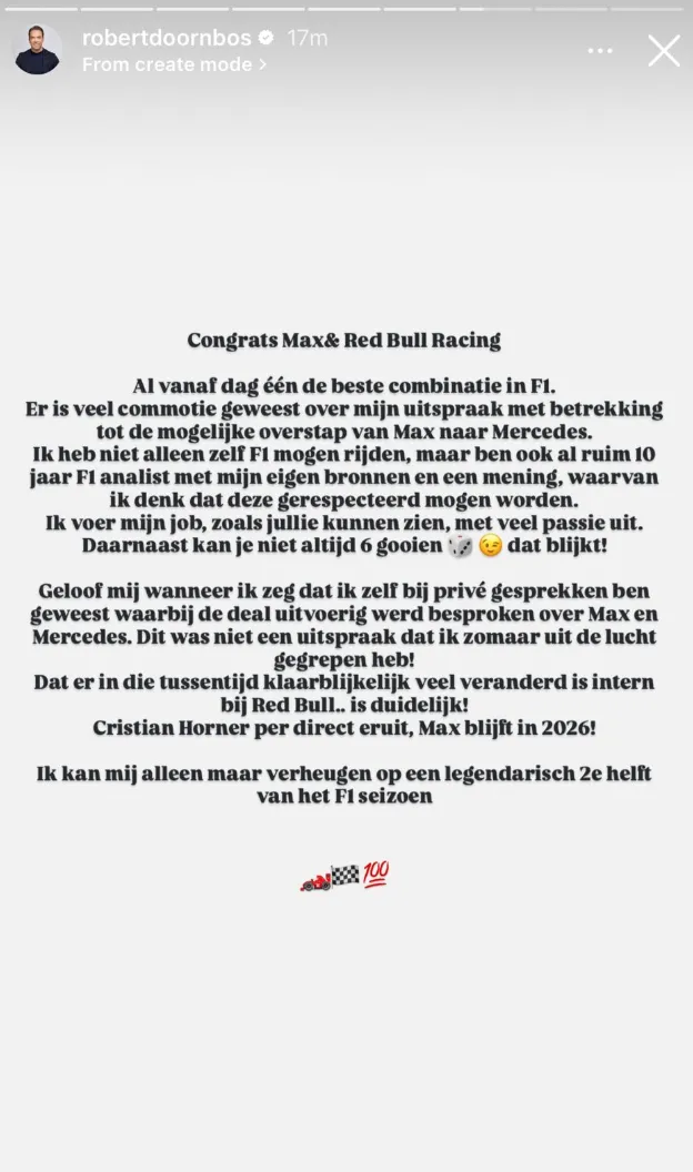 De Instagram-story van Robert Doornbos over het contract van Max Verstappen