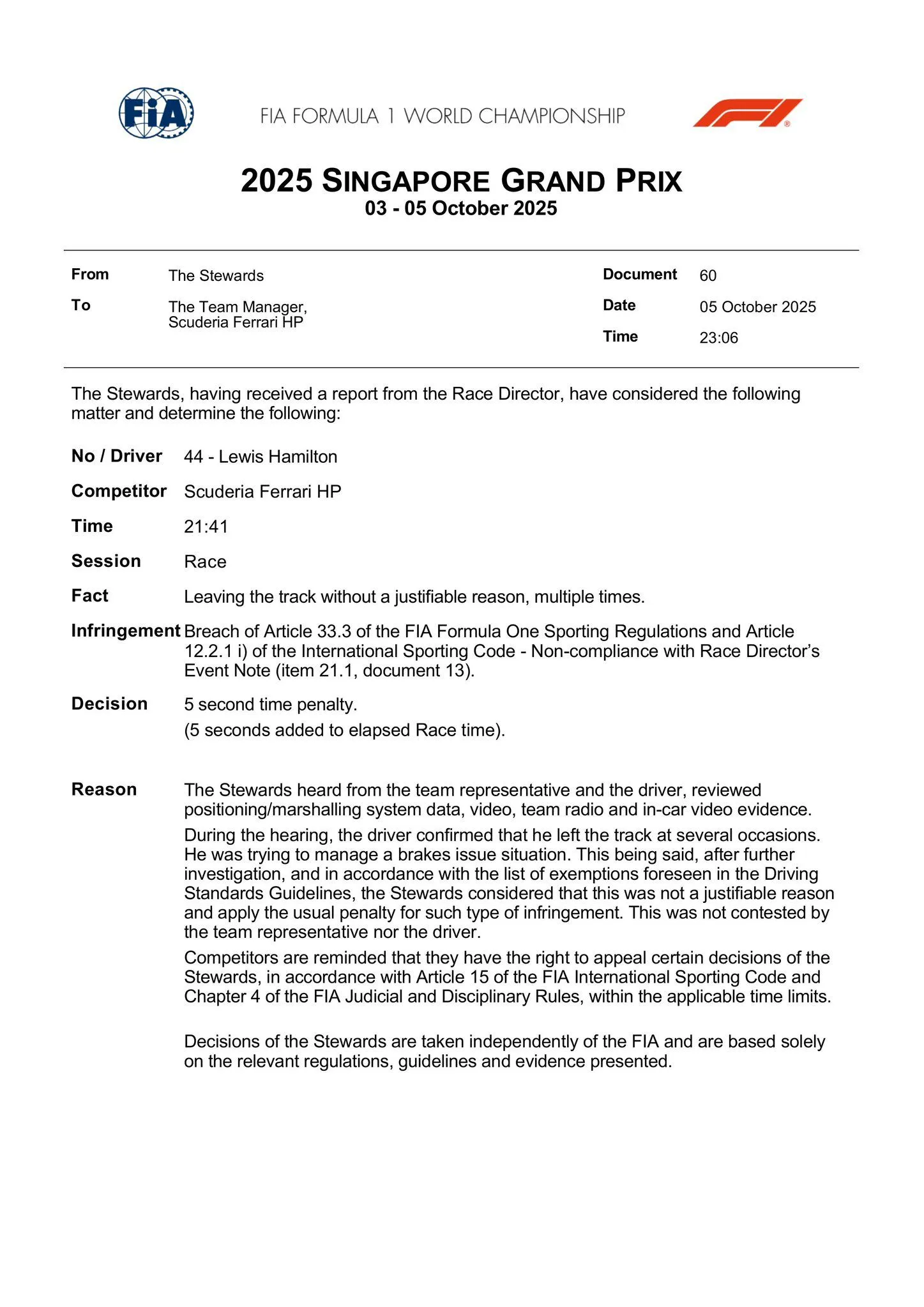 BREAKING: FIA past uitslag GP Singapore aan na straf F1-kampioen