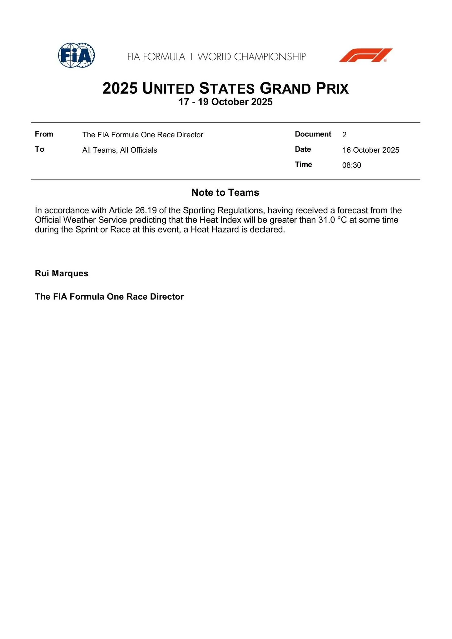 Het FIA-document waarin er een Heat Hazard is afgegeven voor de GP Verenigde Staten