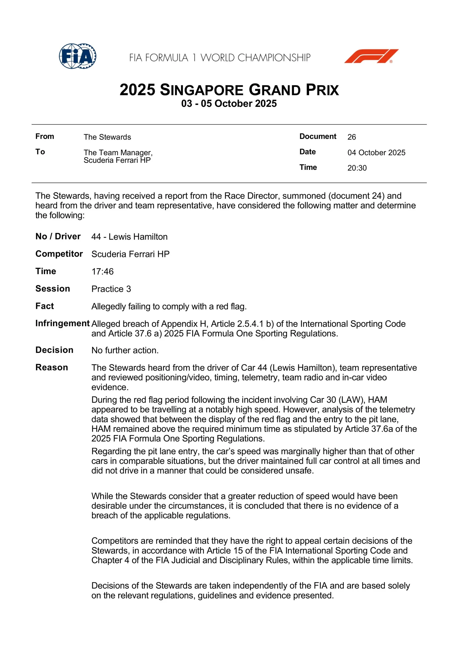 Uitslag FIA incident Hamilton