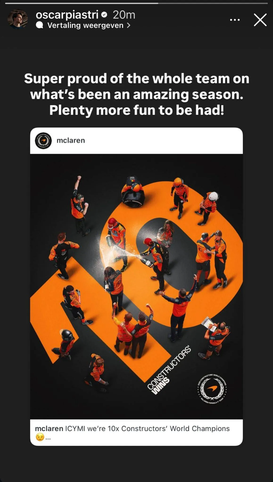 Het bericht van Oscar Piastri op Instagram nadat McLaren het constructeurskampioenschap won in Singapore 2025