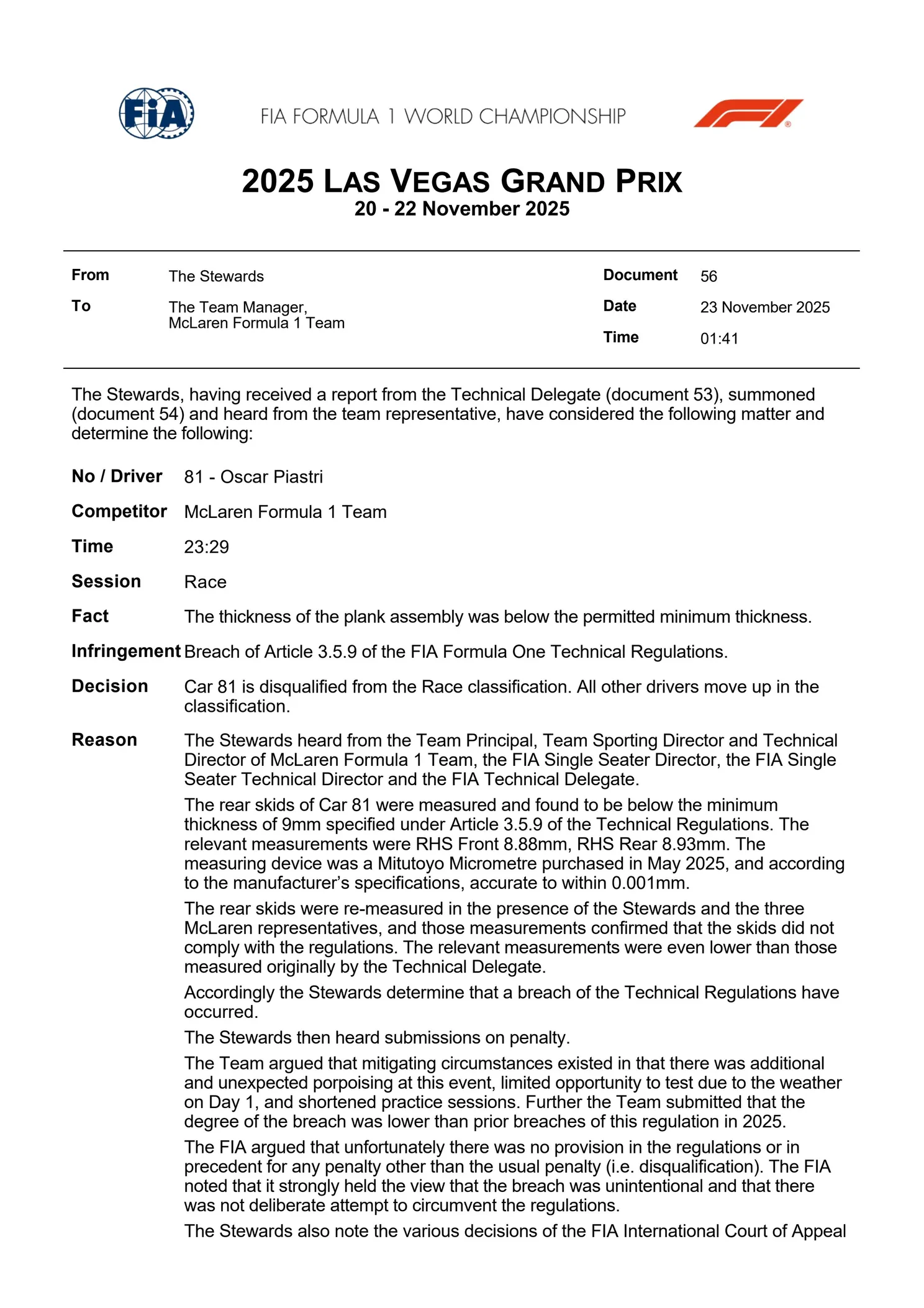 FIA geeft tekst en uitleg over dubbele diskwalificatie McLaren