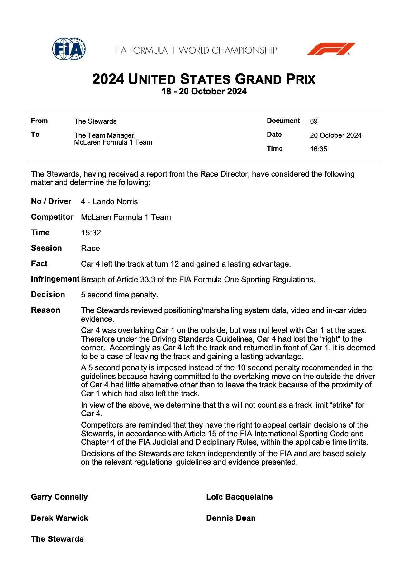 FIA document Norris VS