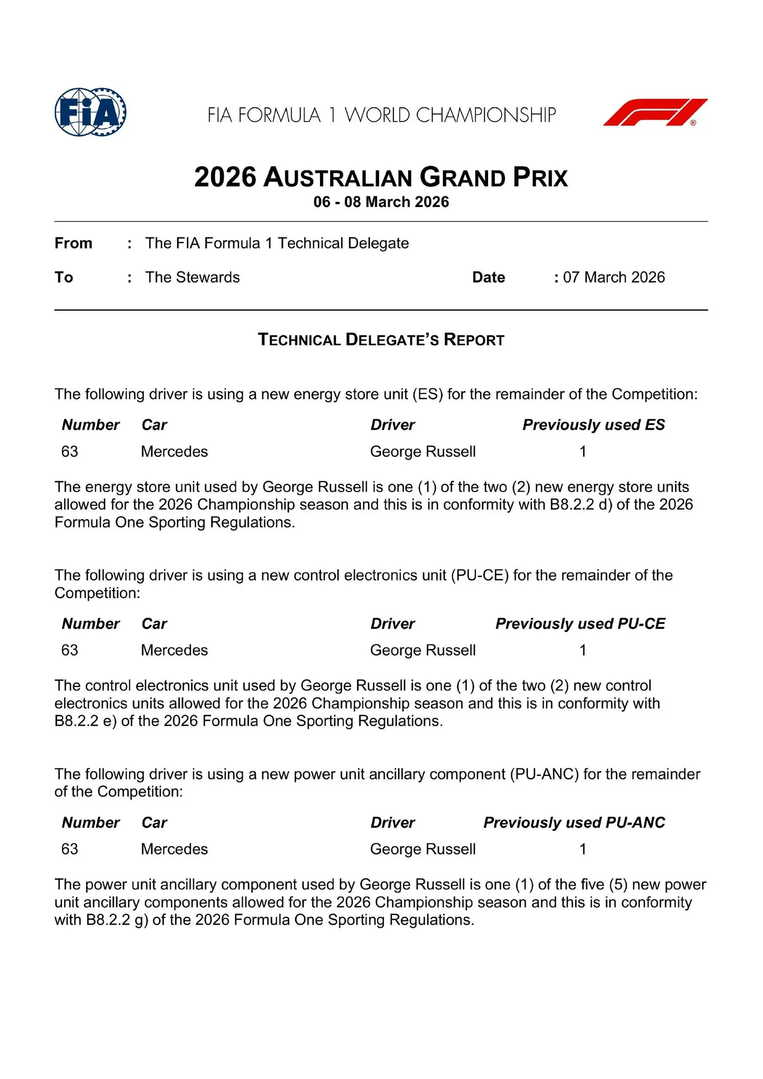 Het FIA-document van de gewisselde motoronderdelen van George Russell voor de kwalificatie in het 2026 F1-weekend in Australië