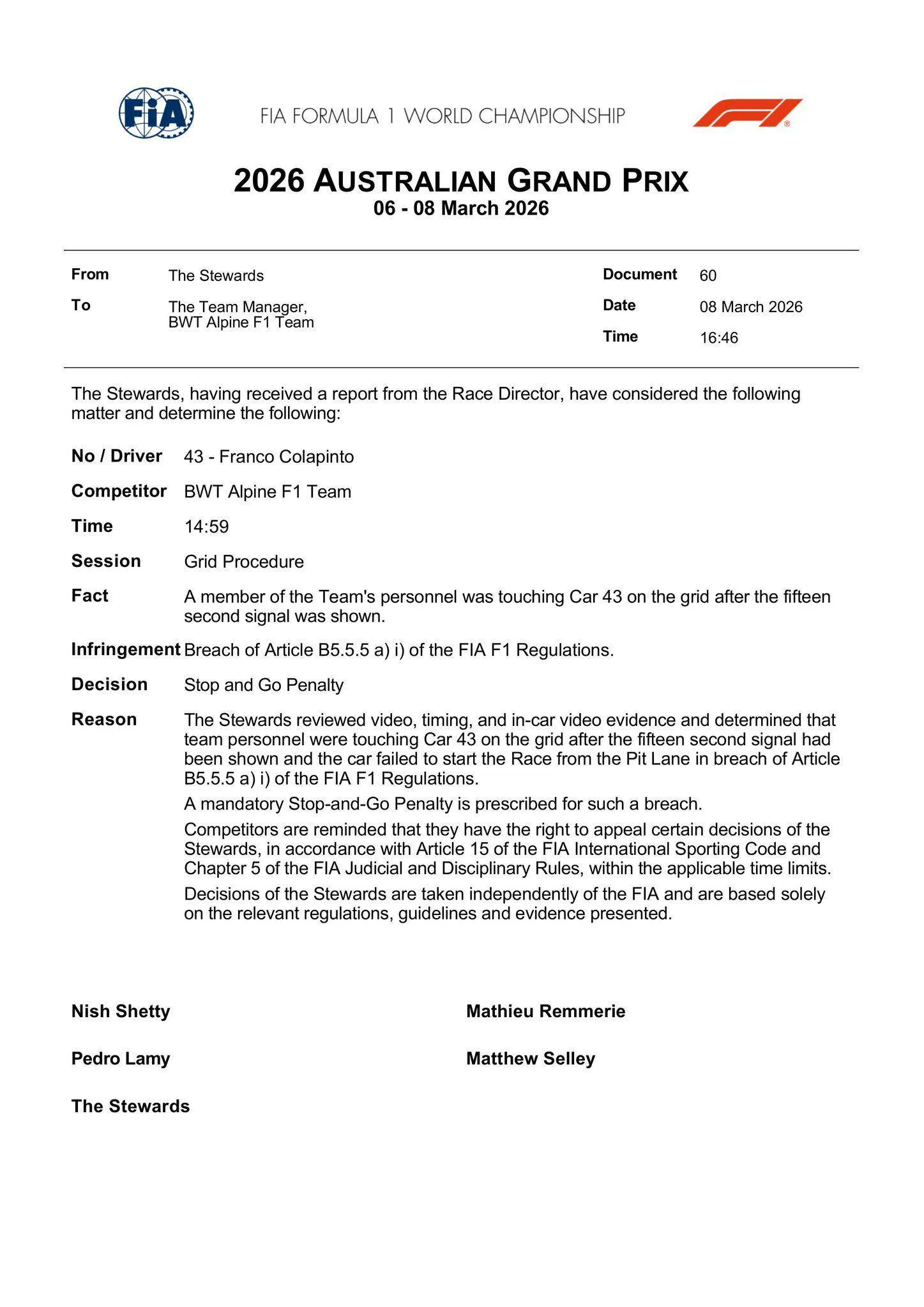 Het document van de straf voor Franco Colapinto van de FIA in Australië 2026