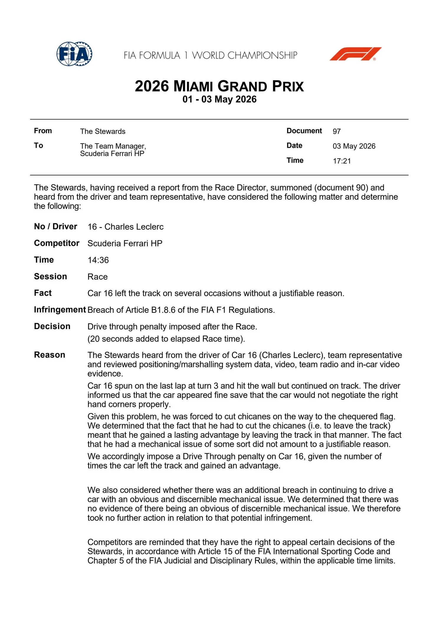 FIA straf leclerc Miami
