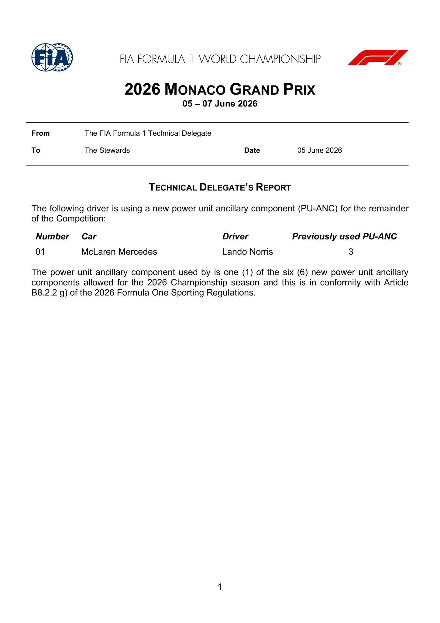 Het FIA-document van de Mercedes-motor van Lando Norris