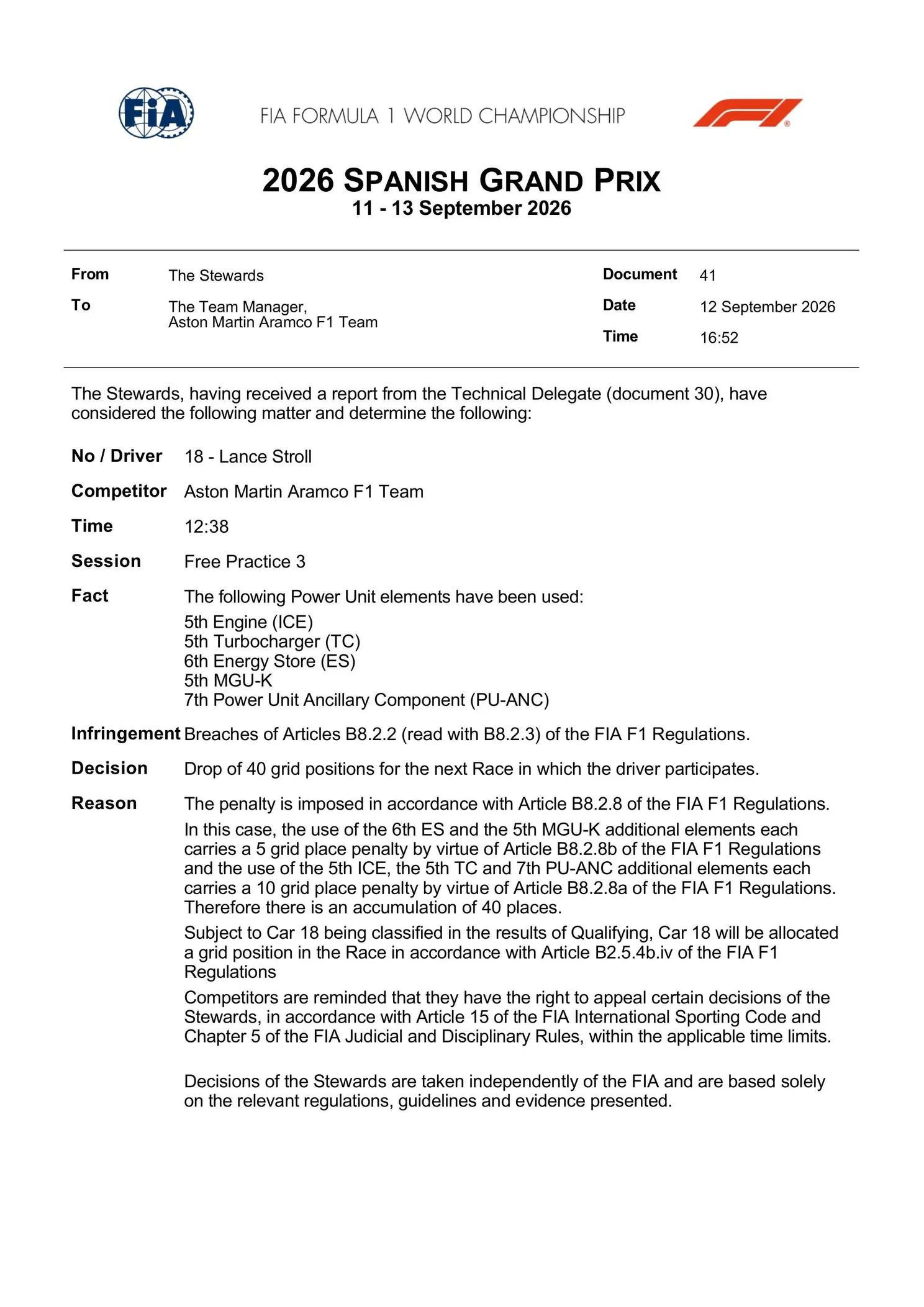 Lance Stroll heeft een veertig plaatsen gridstraf voor de race in Spanje