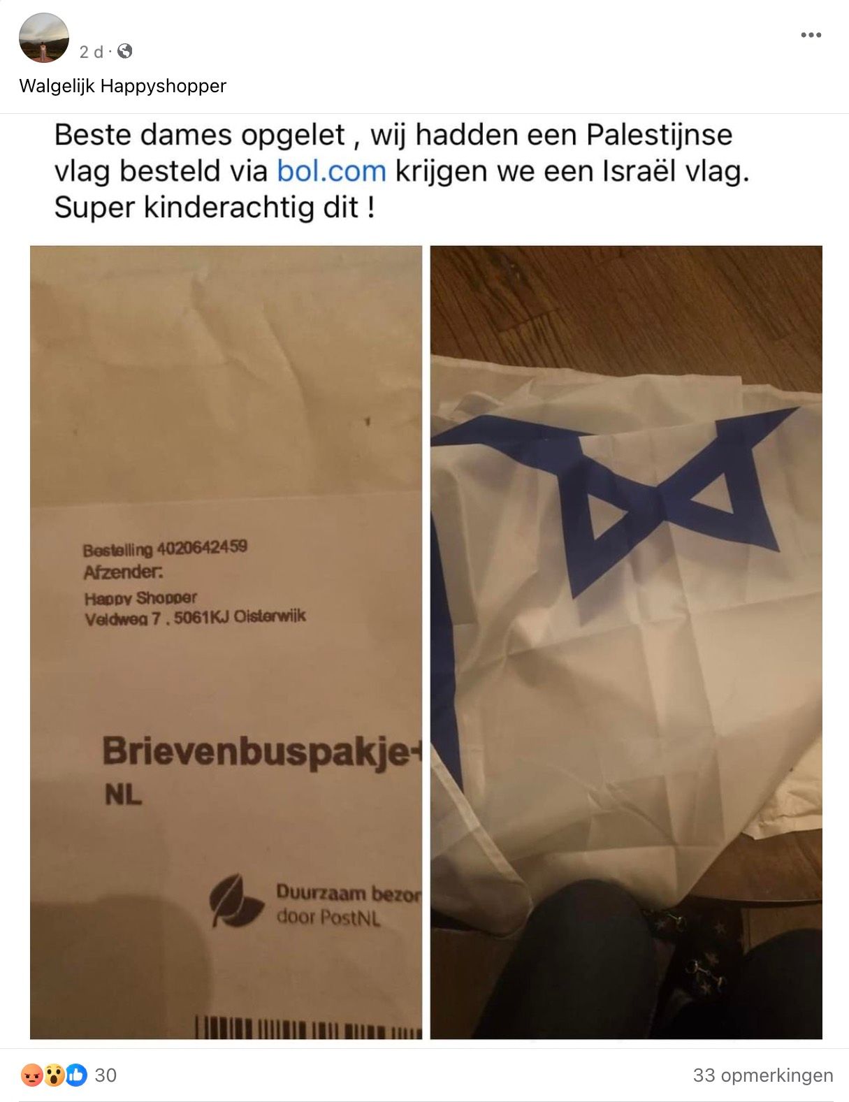 Man die Palestina-vlag bestelt krijgt Israelisch exemplaar opgestuurd van Nederlands bedrijf