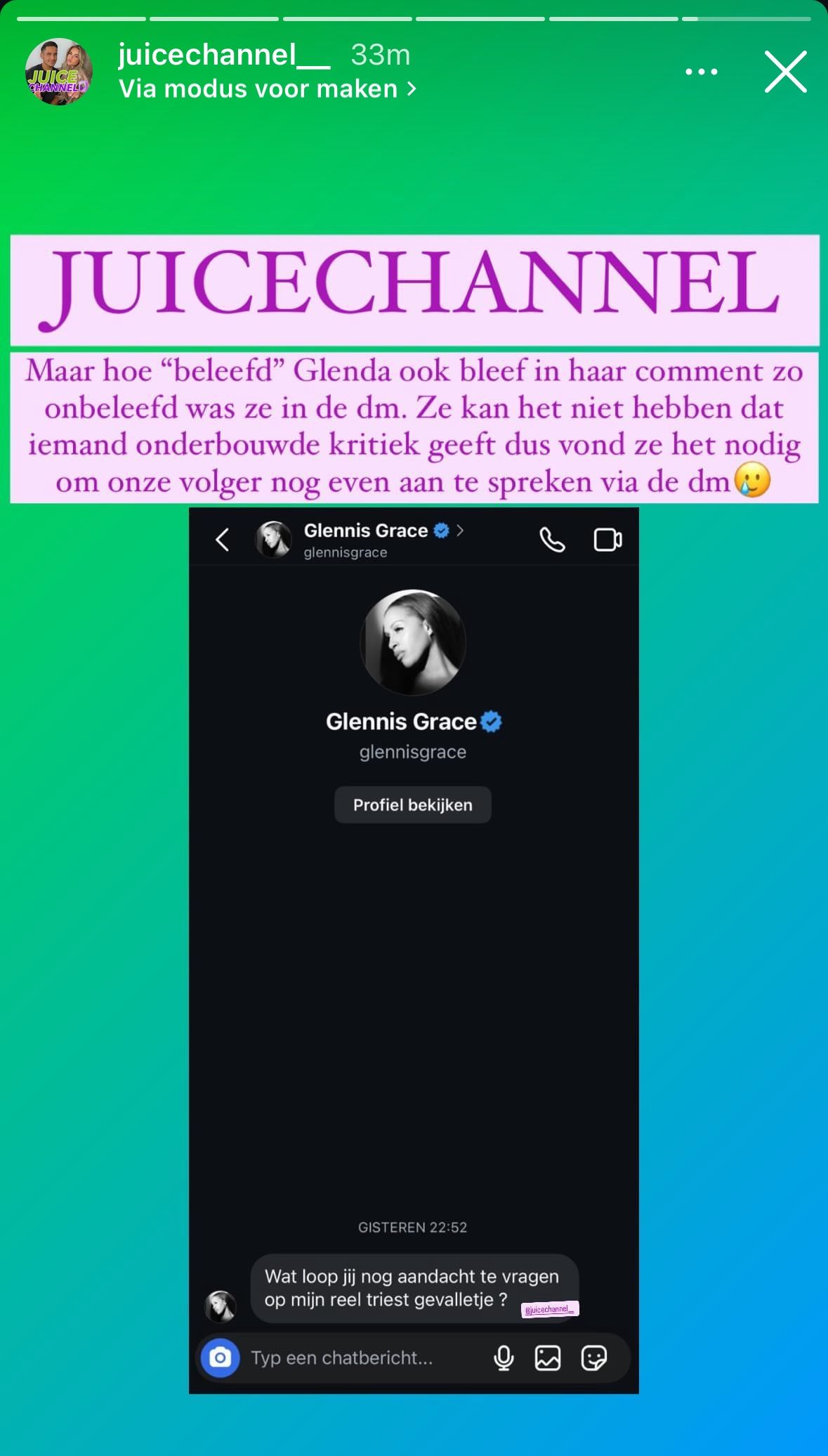 Boze Glennis Grace zoekt ruzie met volger in gelekte screenshots (FOTO)