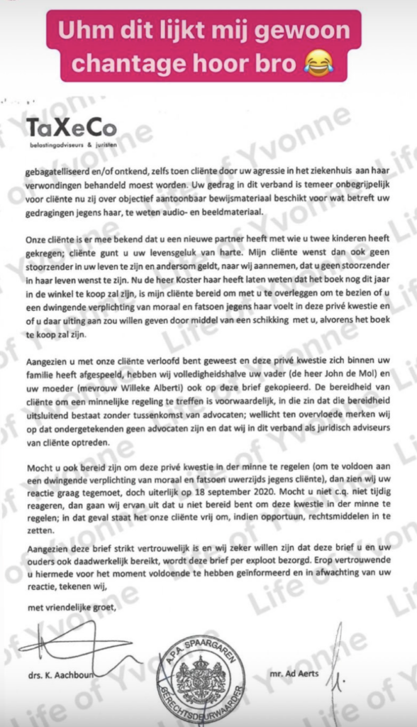 Chantage brief van de ex van Johnny de Mol aan hem uitgelekt