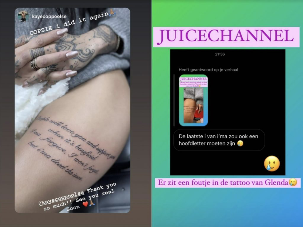 Oliedomme spelfout ontdekt in tattoo van Glennis Grace