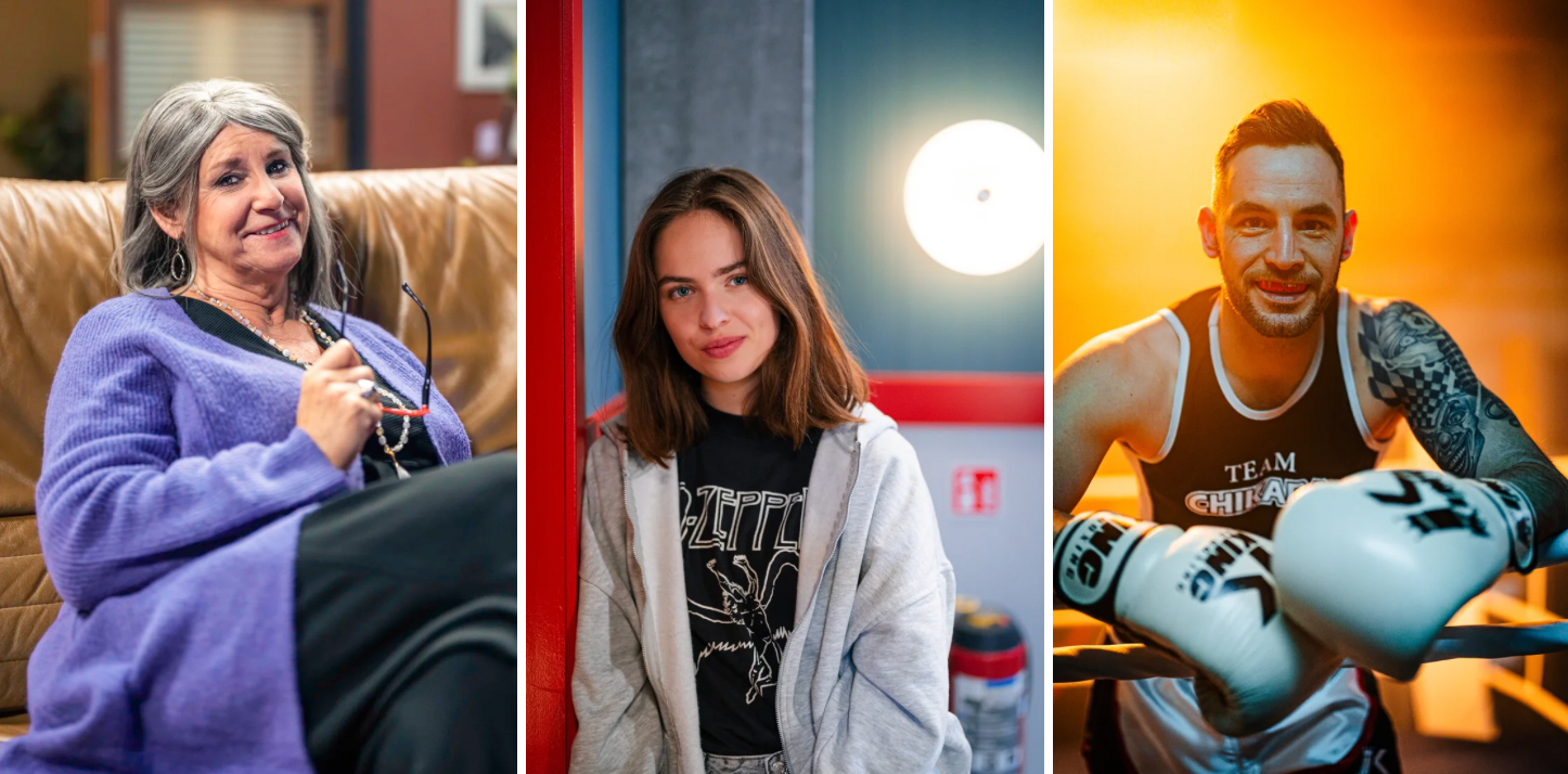 Van links naar rechts: Loes Van den Heuvel als Karin, Ninalotte Roose als Aurélie en Toon Hens als Diego. Bron: VTM.