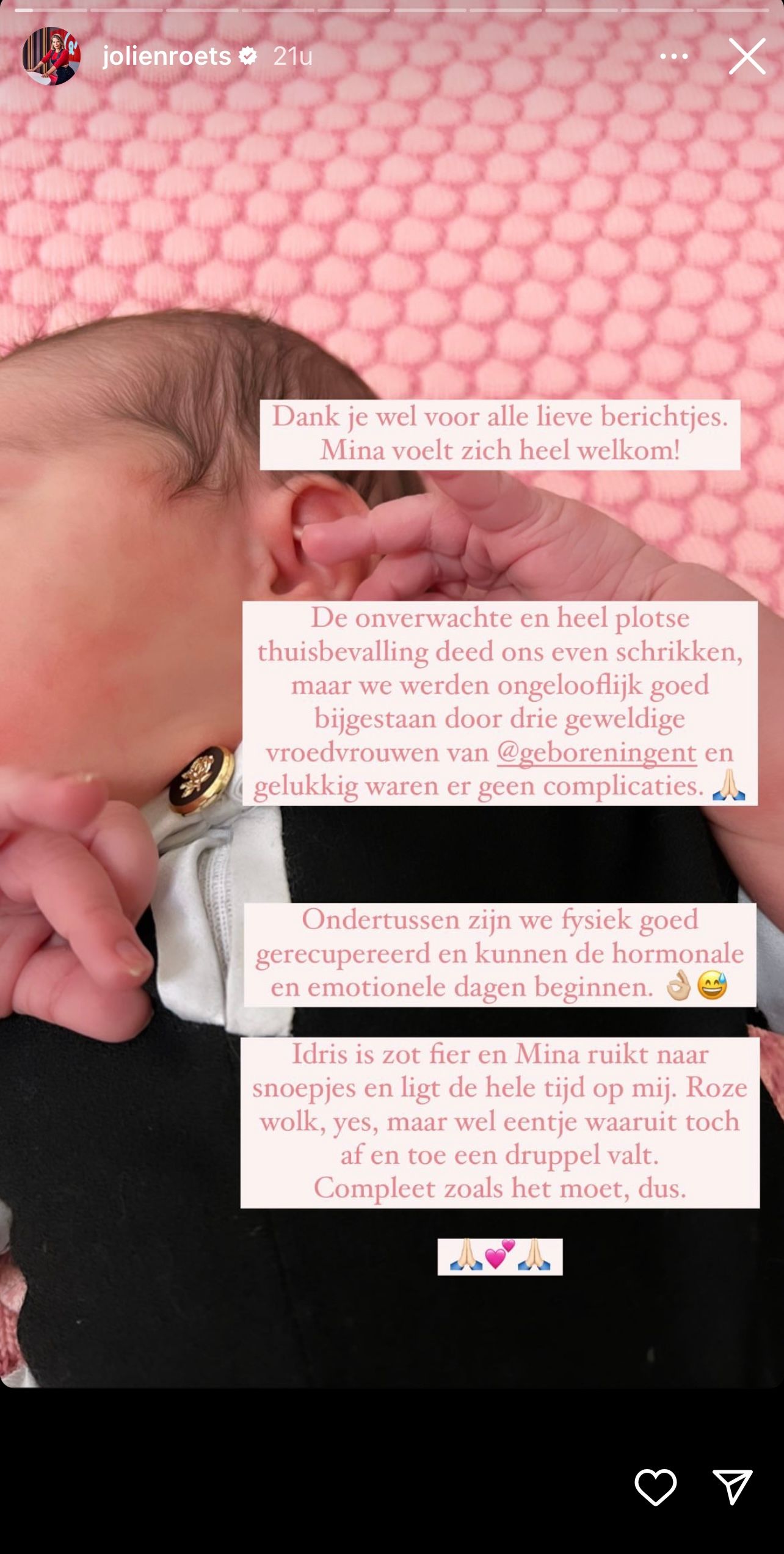 Na onverwachte en heel plotse thuisbevalling: Jolien Roets geeft update over gezondheid van baby