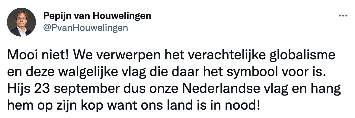 Pepijn van Houwelingen (FVD) е ядосан на общините, които развяват флага на SDG: 