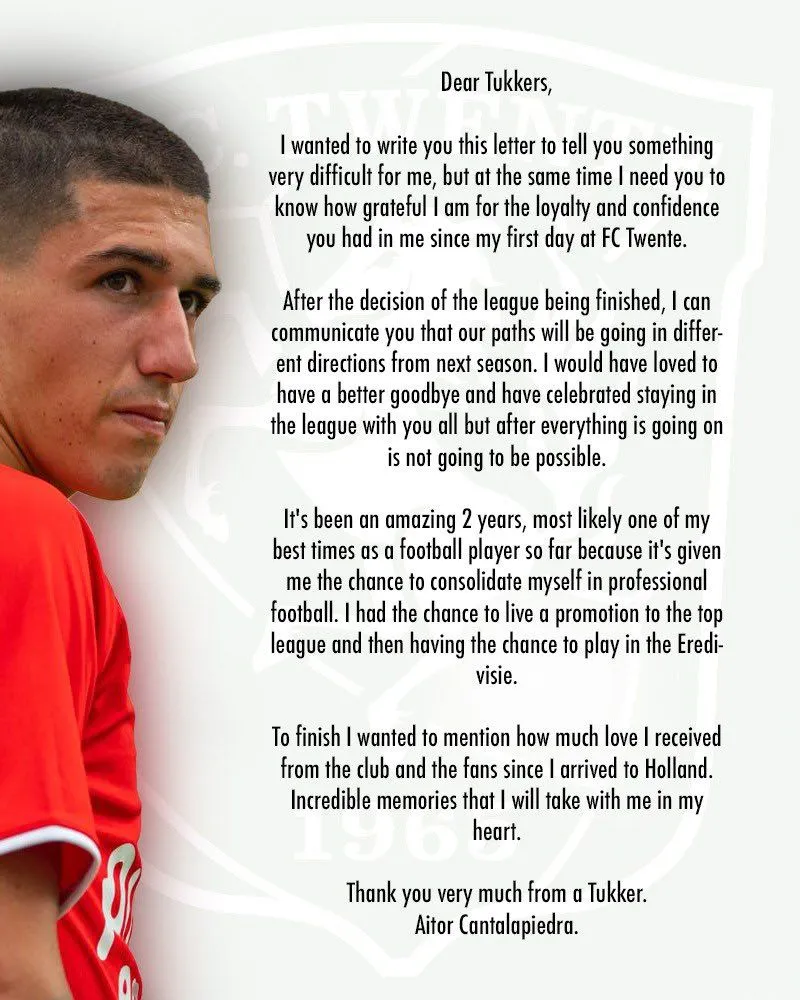 Afscheidsbrief 'Tukker' Aitor: "Draag de herinneringen mee in mijn hart"