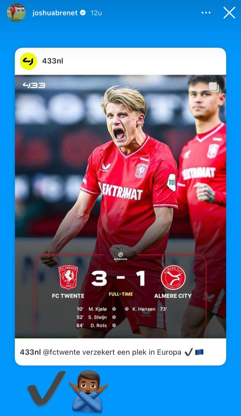 Brenet aanwezig bij Almere City-thuis en deelt prestatie FC Twente op Instagram