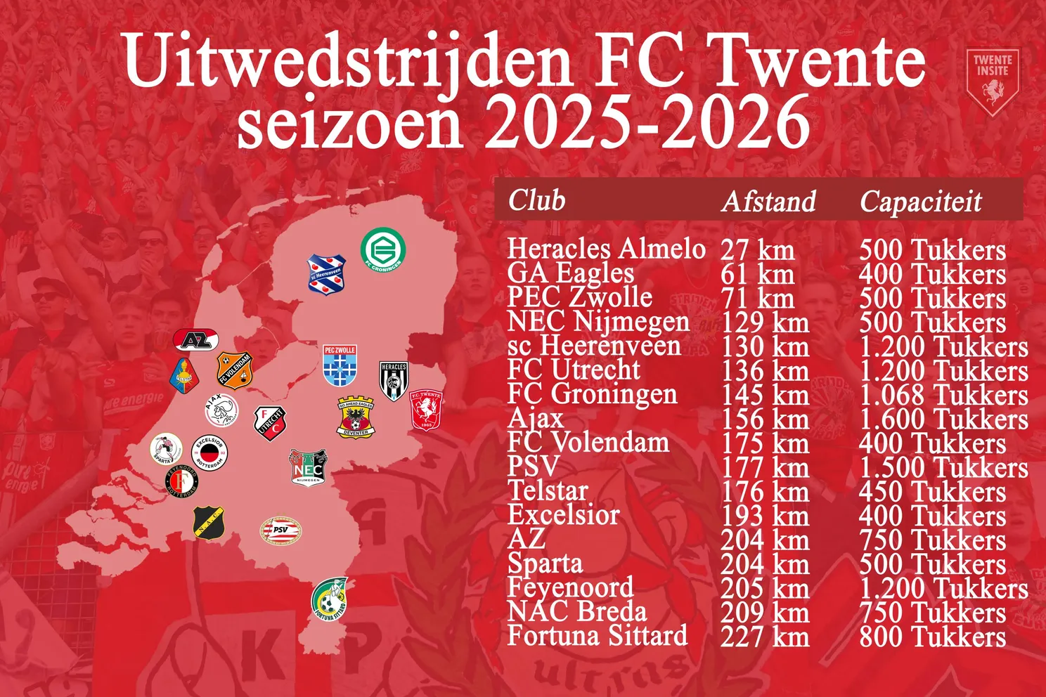 Awaydaykaart: Zóveel kilometers leggen Twente-supporters af komend seizoen