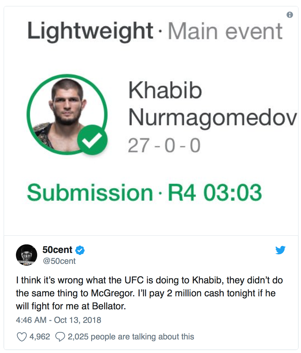 Rapper 50 Cent biedt Khabib Nurmagomedov giga bedrag om te vechten bij Bellator