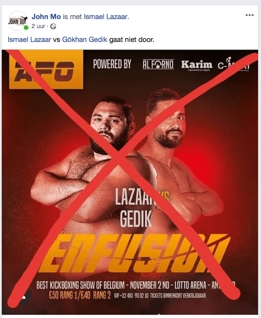 Kickboks wedstrijd Ismael Lazaar vs Gökhan Gedik afgelast