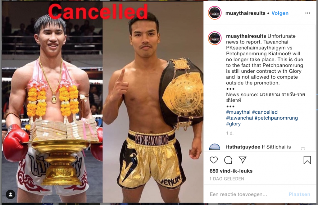 Gevecht GLORY Kickboxing wereldkampioen afgelast