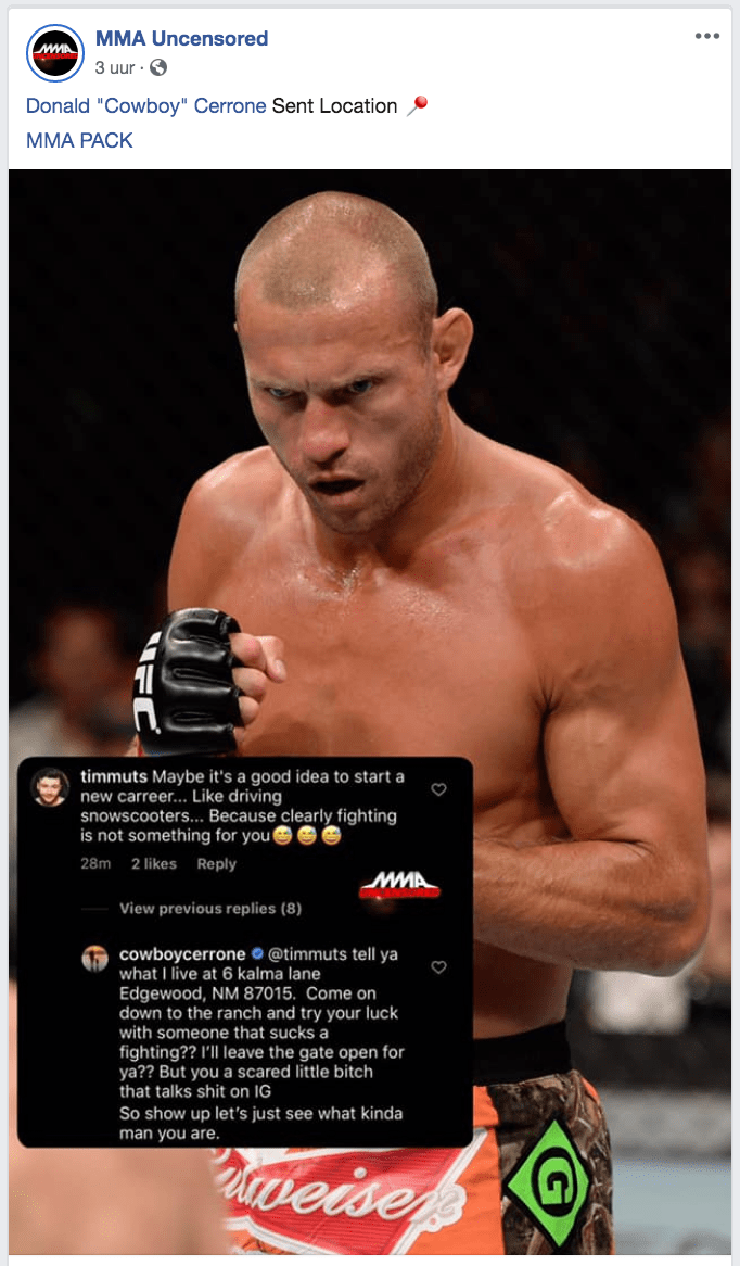 UFC Vechter Donald Cerrone wil knokken tegen plaaggeest