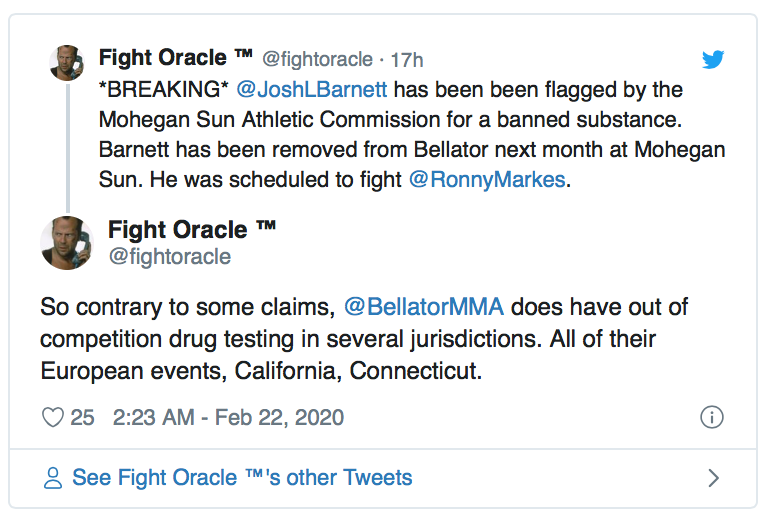 DOPING: Bellator MMA-vechter maakt 'weer' geen debuut