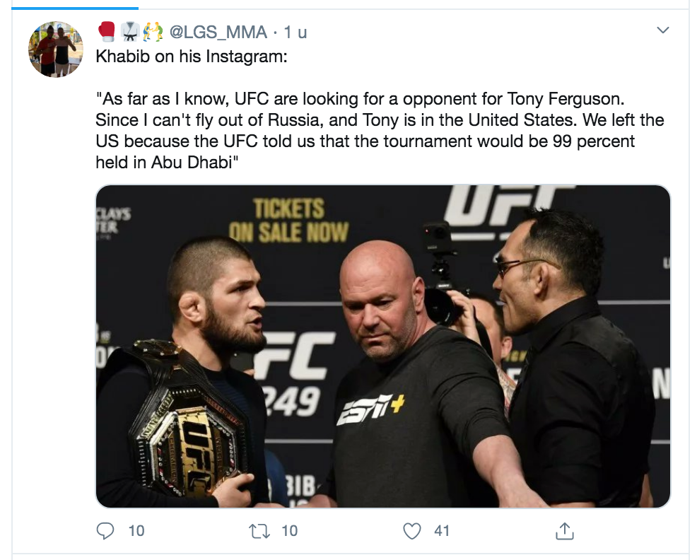KHABIB: UFC zoekt andere tegenstander voor Tony Ferguson