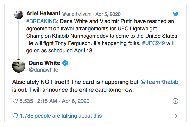 UFC BEVESTIGT UITVALLEN KHABIB: Nieuwe locatie UFC 249 volgt