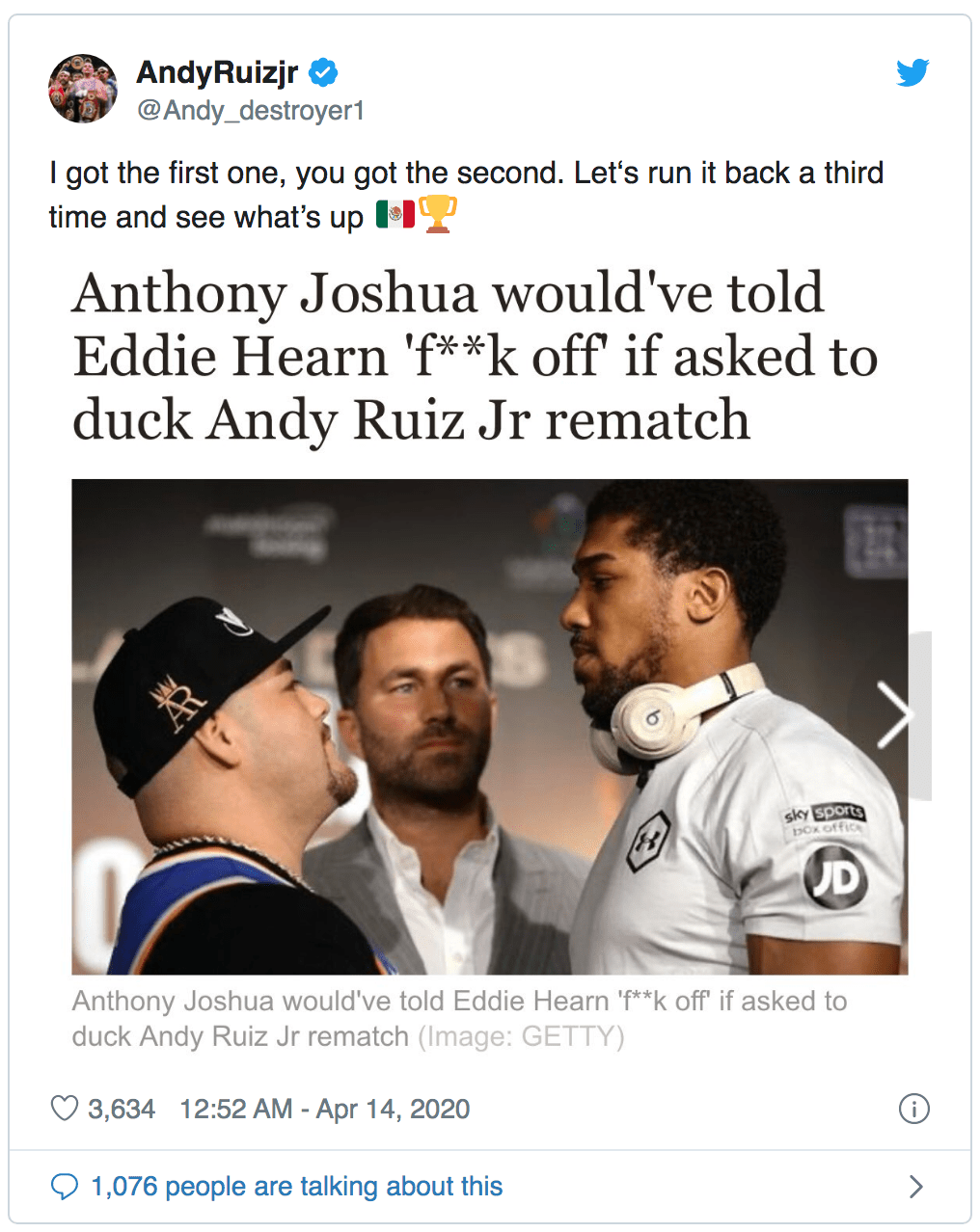 Andy Ruiz Jr daagt Anthony Joshua uit voor derde gevecht