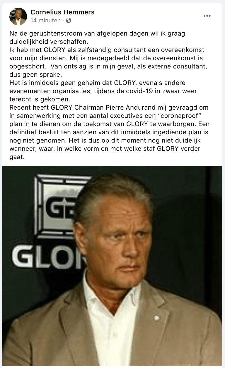 GLORY KICKBOXING topman Cor Hemmers geeft verklaring
