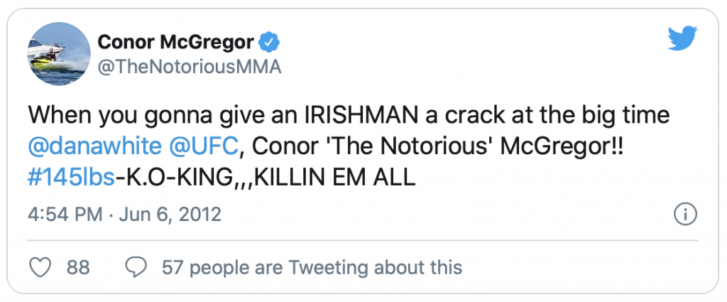 Conor McGregors eerste tweet ooit naar UFC baas Dana White