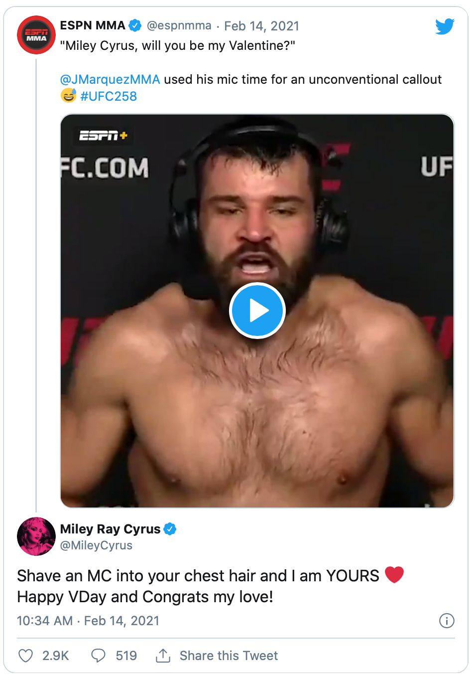 Popster Miley Cyrus reageert op aanzoek verhitte MMA-vechter