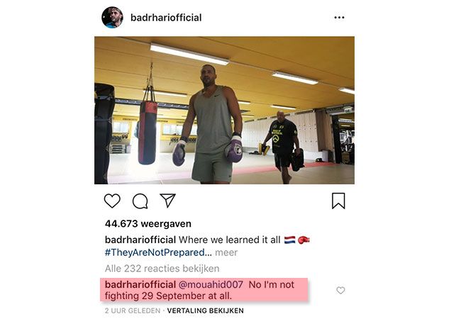 Badr Hari op Instagram; ik vecht niet op GLORY 59 Amsterdam