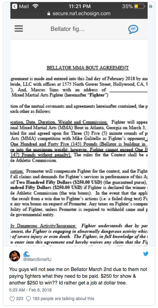 Bellator 195 vechters contract opgedoken slechts $ 250 om te vechten
