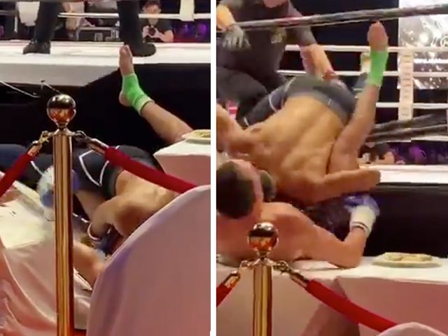 GELANCEERD: Kickbokser beland op jury tafel (video)