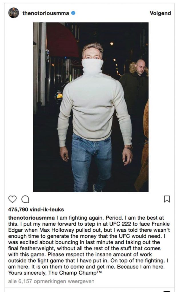 Connor McGregor beweert dat hij zich vrijwillig aanmeldde voor UFC 222