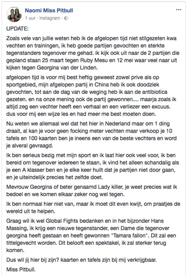 Kickbokser Naomi Miss Pitbull, bijt van zich af, ik zal sterker terug komen!