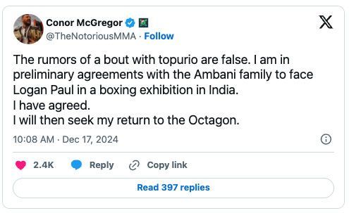 Conor McGregor gaat boksen tegen Logan Paul op verrassende locatie - 'Ben er klaar voor'