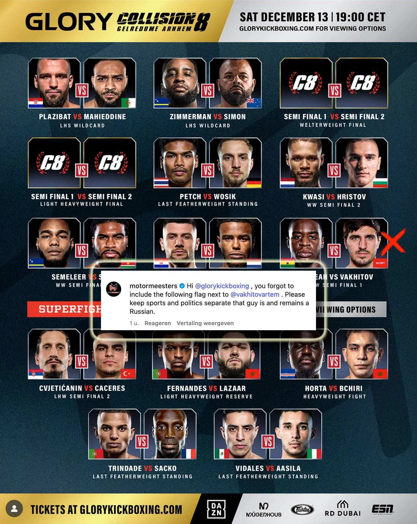 Vakhitov zonder vlag op vechtkaart Glory Collision 8