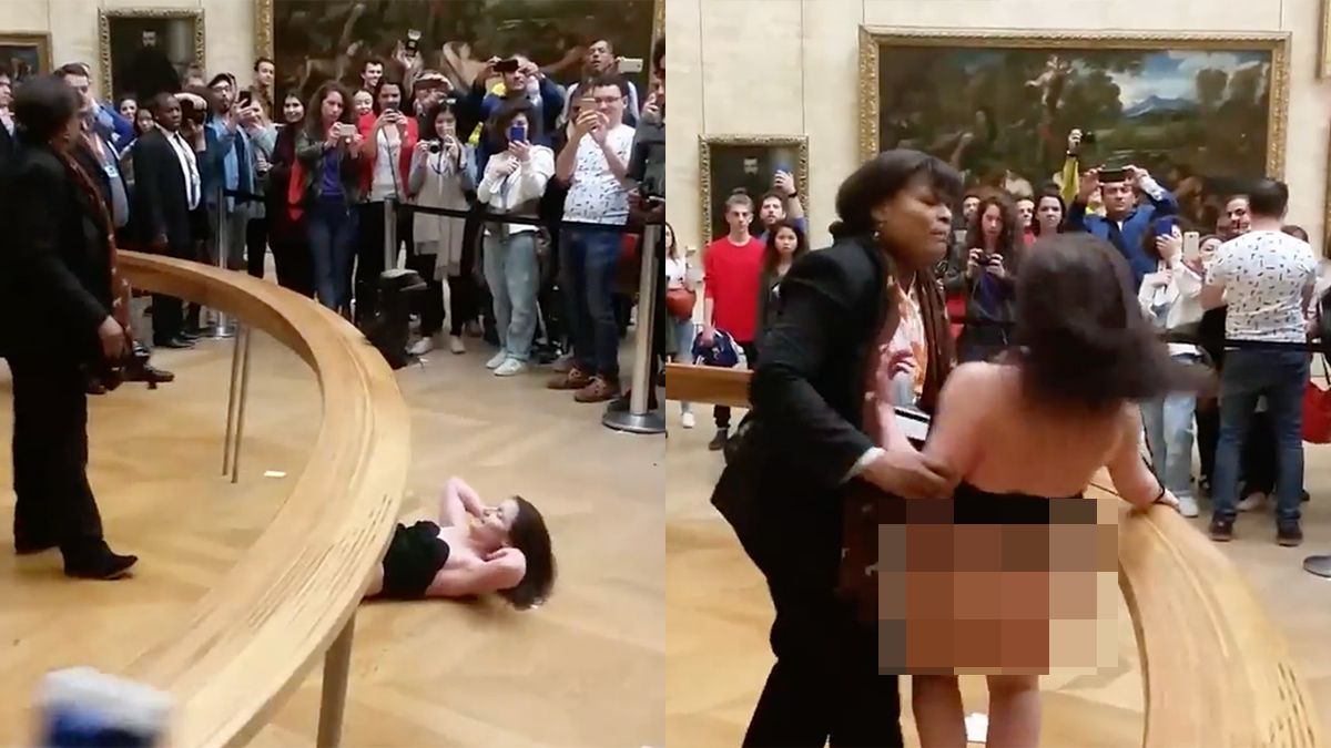 Vrouw doet in geboortekostuum dansje bij de Mona Lisa