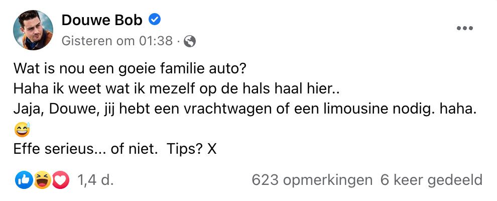 Douwe Bob is op zoek naar een goede auto voor de familie