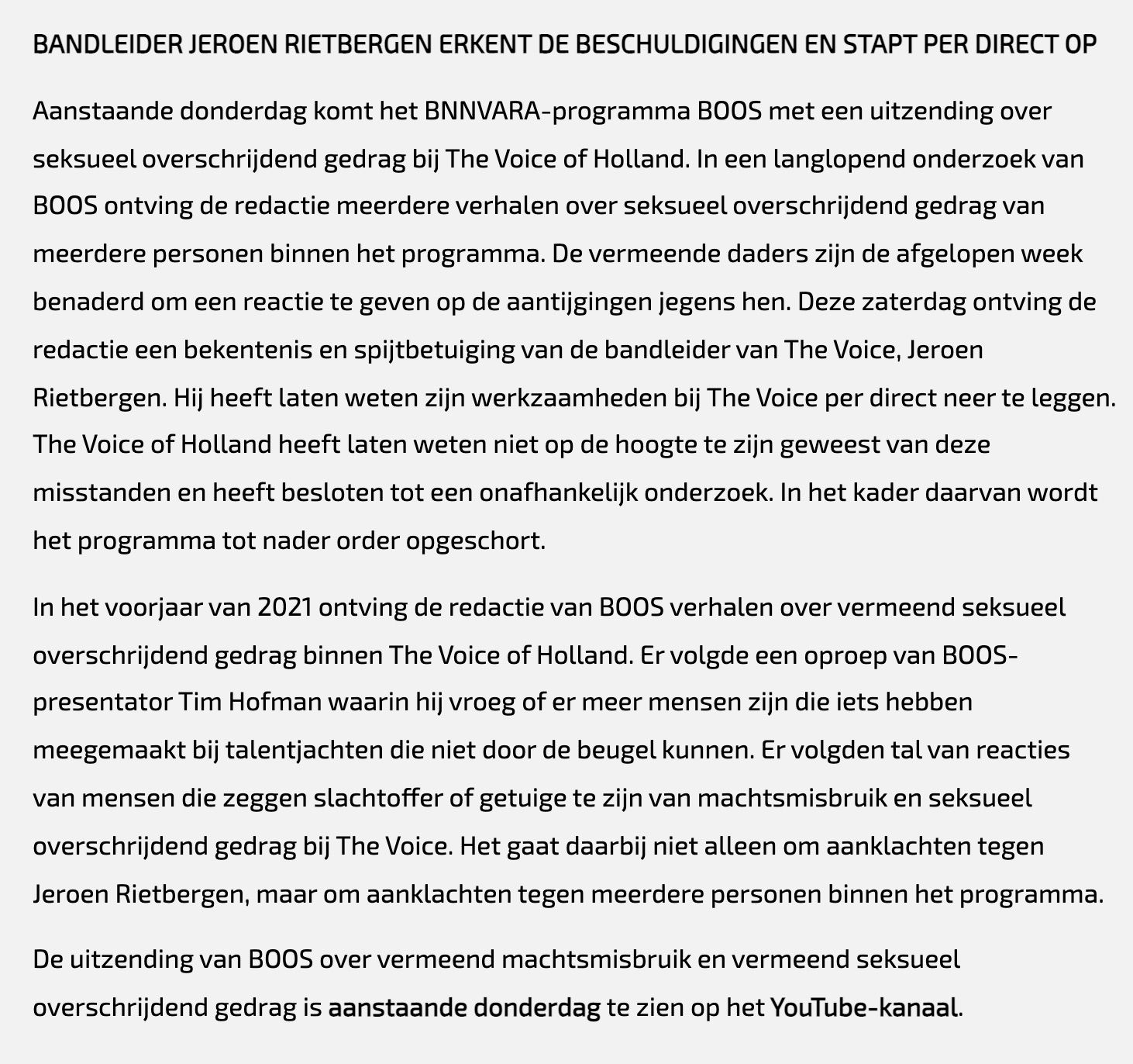 Bandleider Jeroen Rietbergen erkent beschuldigingen Voice of Holland en stapt er per direct op
