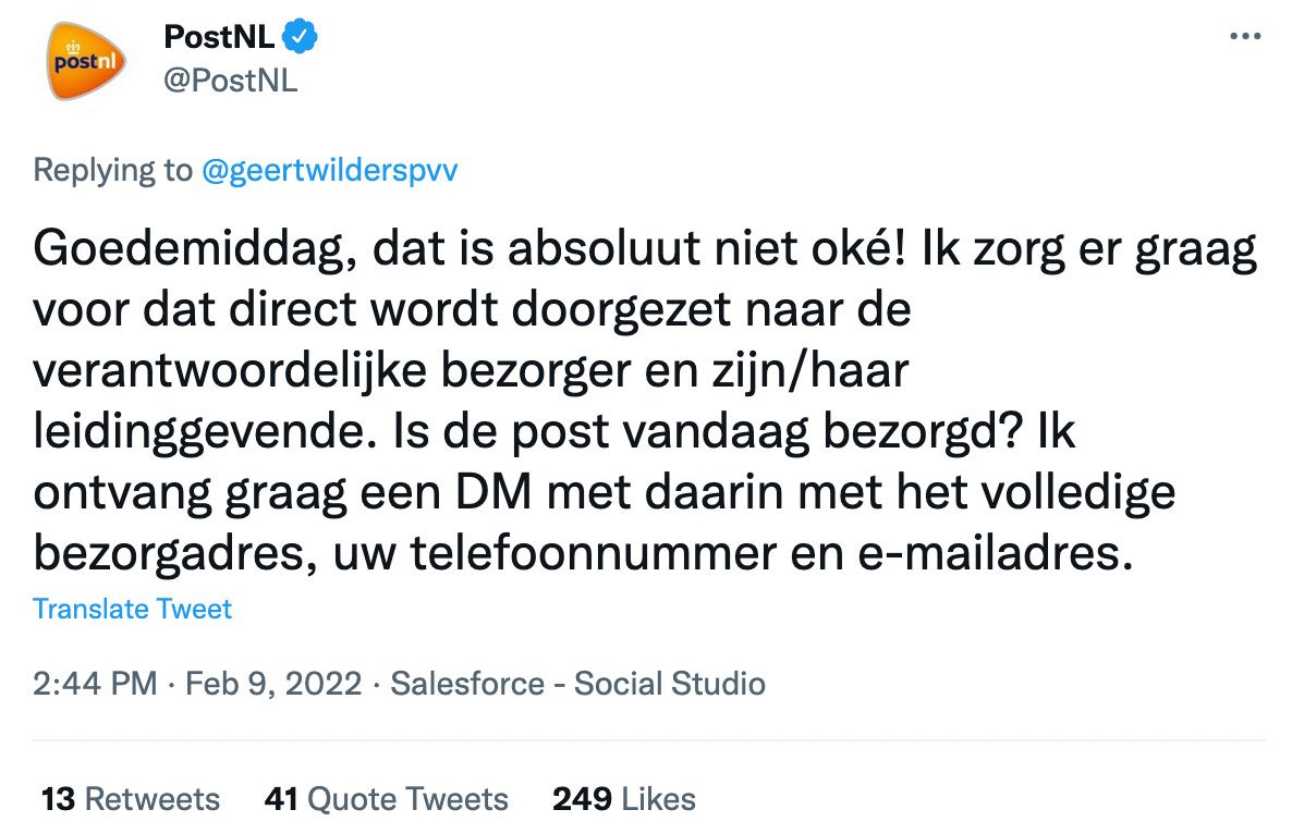 Iemand doet briefje bij post Geert Wilders: 'Meer Marokkanen! Meer moslims!'