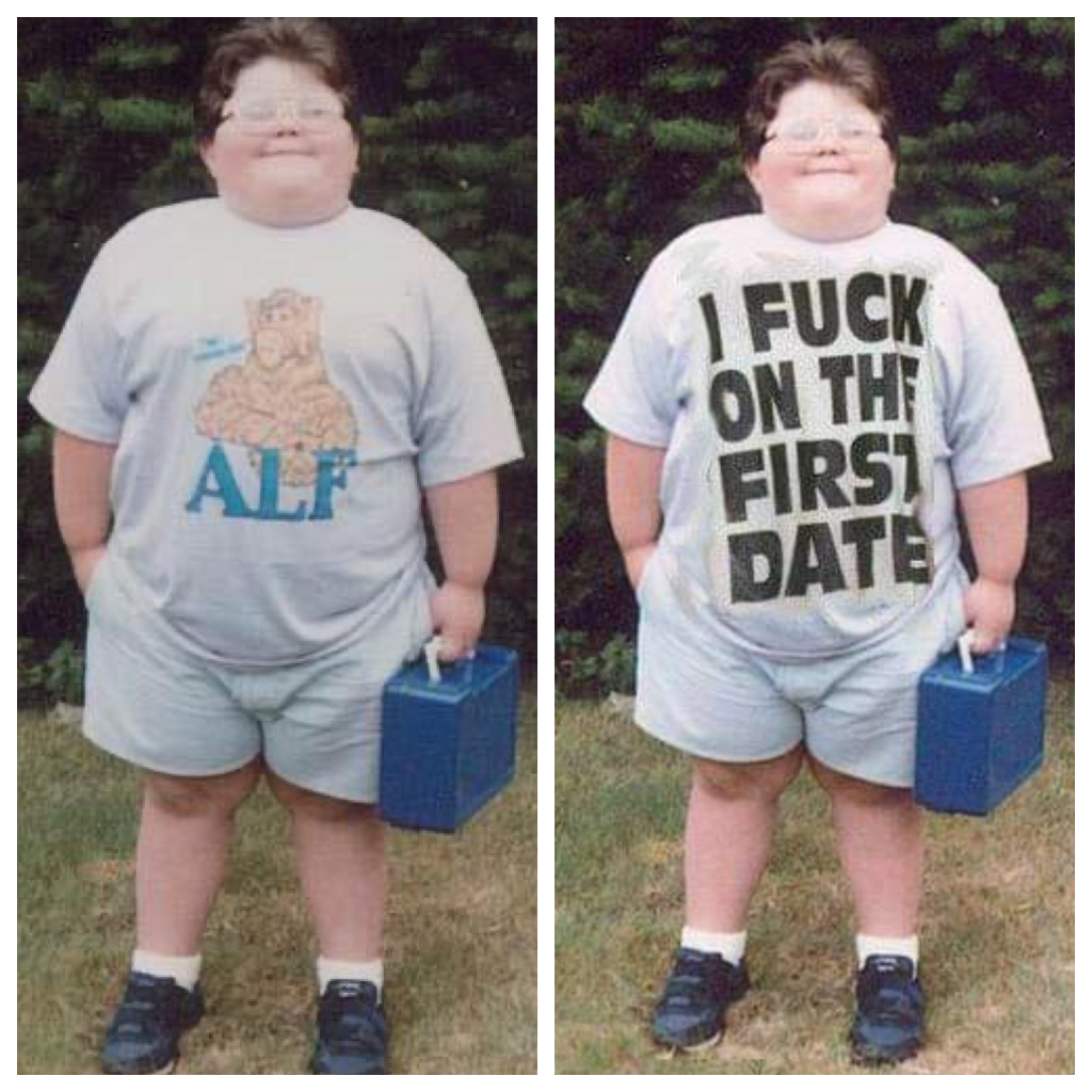 Gezet ventje met bewerkt Alf 'I fck on the first date' shirt anno nu