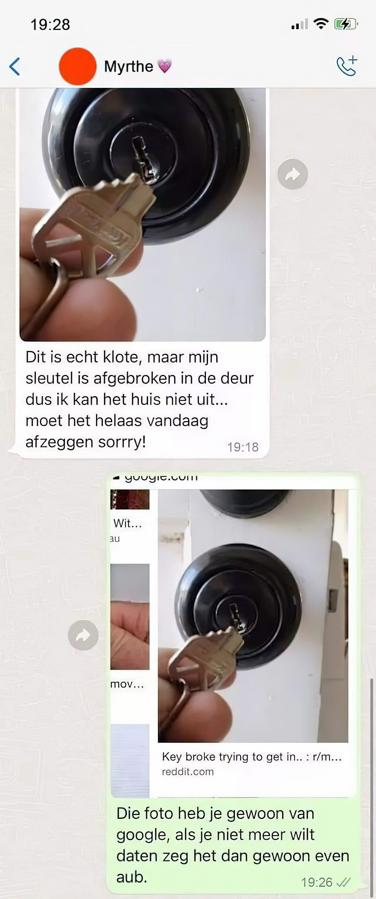 Date van Myrthe wil niet afspreken en gebruikt afbeelding van Google als smoes