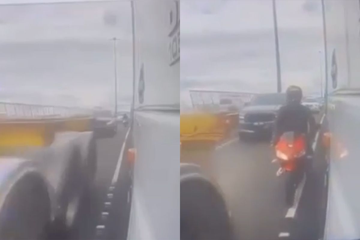 Motorrijder denkt wel tussen twee vrachtwagens te kunnen rijden