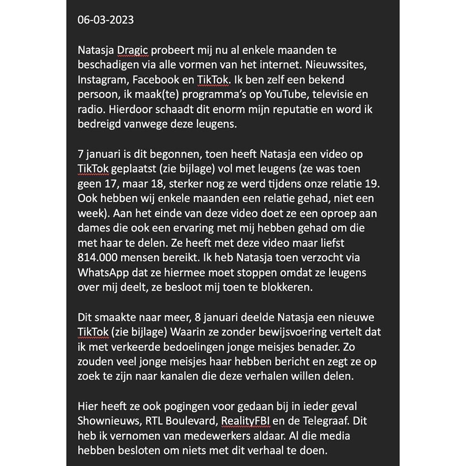 Dennis Schouten gaat aangifte doen tegen ex-vriendin wegens smaad en laster