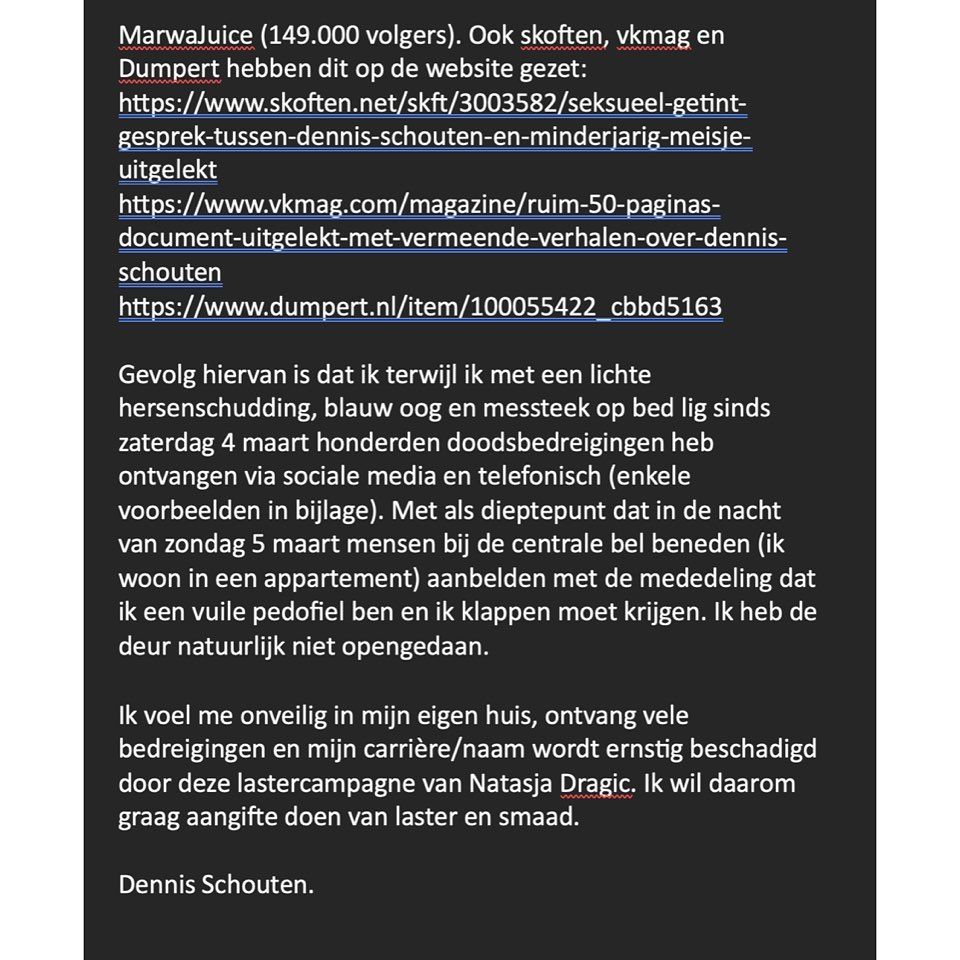 Dennis Schouten gaat aangifte doen tegen ex-vriendin wegens smaad en laster